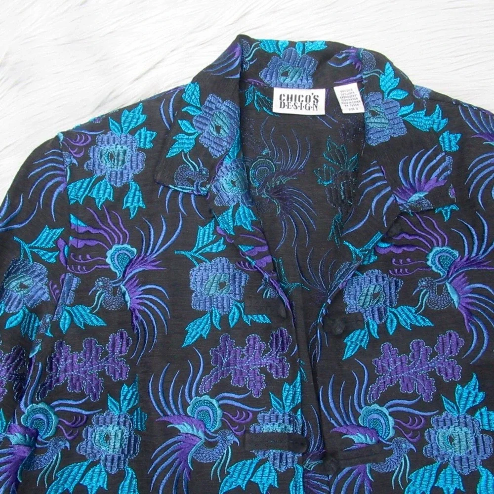 CHICO’S Japanese Asian Inspired Embroidered Silk Linen Blend Toggle Front Jacket